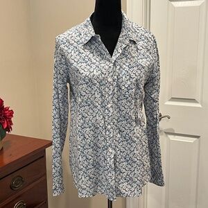 Merona Blue/White Floral 100% Cotton Button Down Blouse M